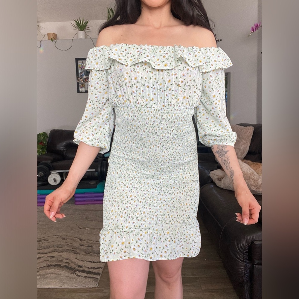 Women Floral Print Shirred Mini Dress, Mint Green Combo